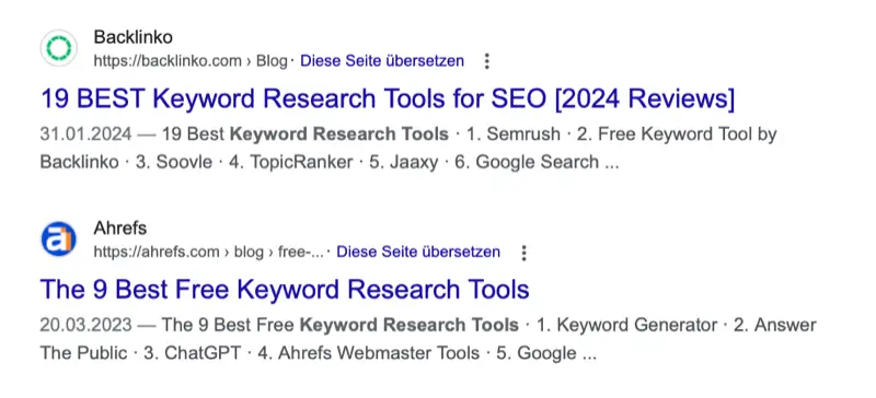 Google-Suchergebnis: Ein Artikel mit 19 Keyword-Tools rankt über einem mit 9