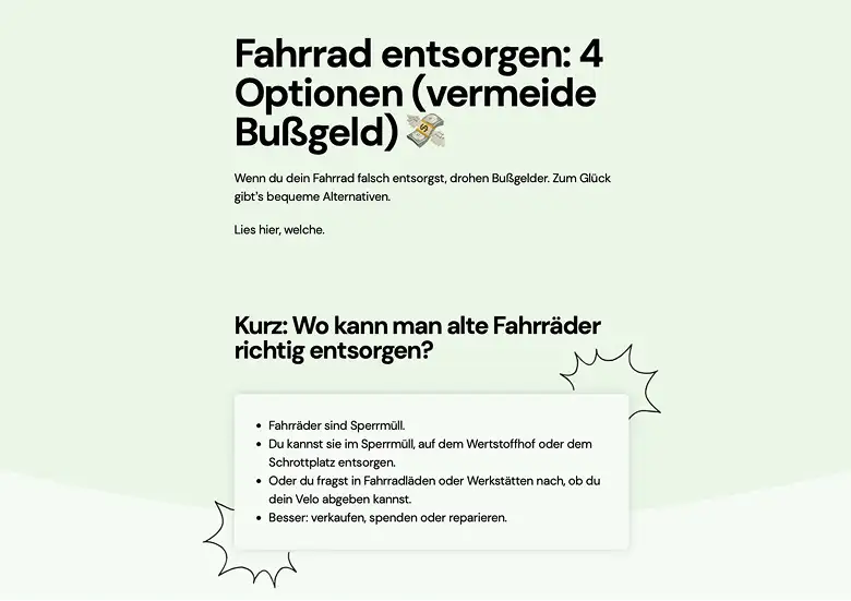 Ein Entsorgen-Artikel auf sulixo.de. Überschrift „Fahrrad entsorgen, 4 Optionen (vermeide Bußgeld)“. Einleitung: 