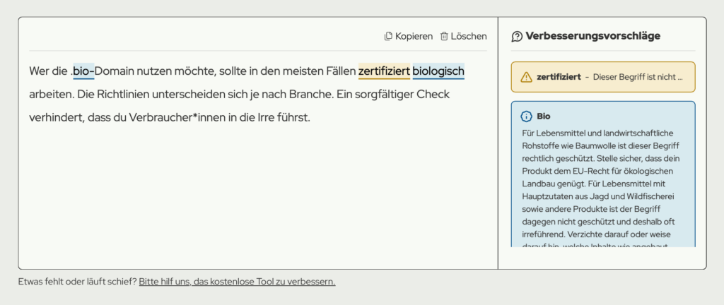 extfeld mit Text: „Wer die .bio-Domain nutzen möchte, sollte in den meisten Fällen zertifiziert biologisch arbeiten. Die Richtlinien unterscheiden sich je nach Branche. Ein sorgfältiger Check verhindert, dass du Verbraucher*innen in die Irre führst.“